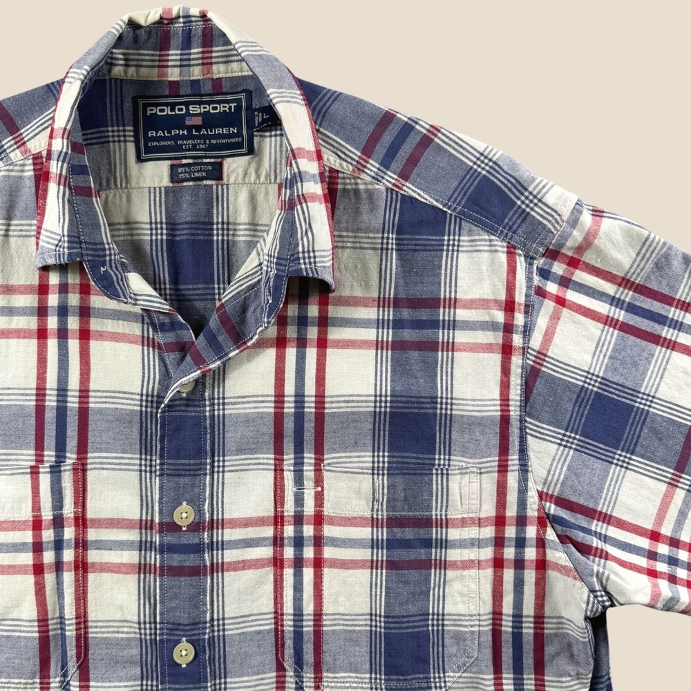 Vintage 90s Polo Sport Ralph Lauren Shirt Men L Plaid Cotton Linen Short Sleeve